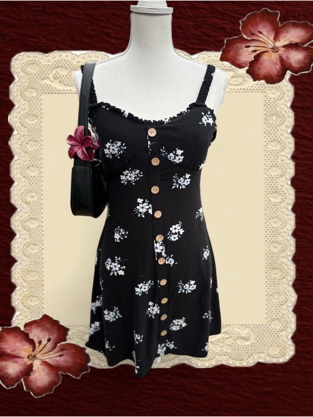 Black floral button up mini dress #floral size M